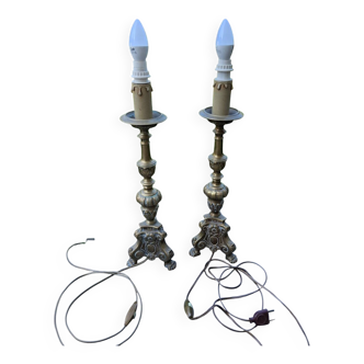 Pair of brass lamps