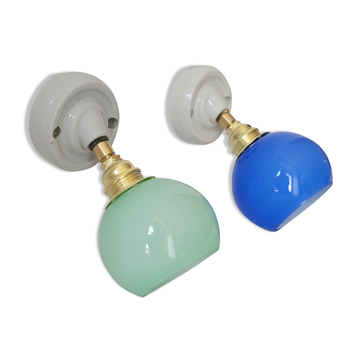 Duo of porcelain and opaline wall lamps