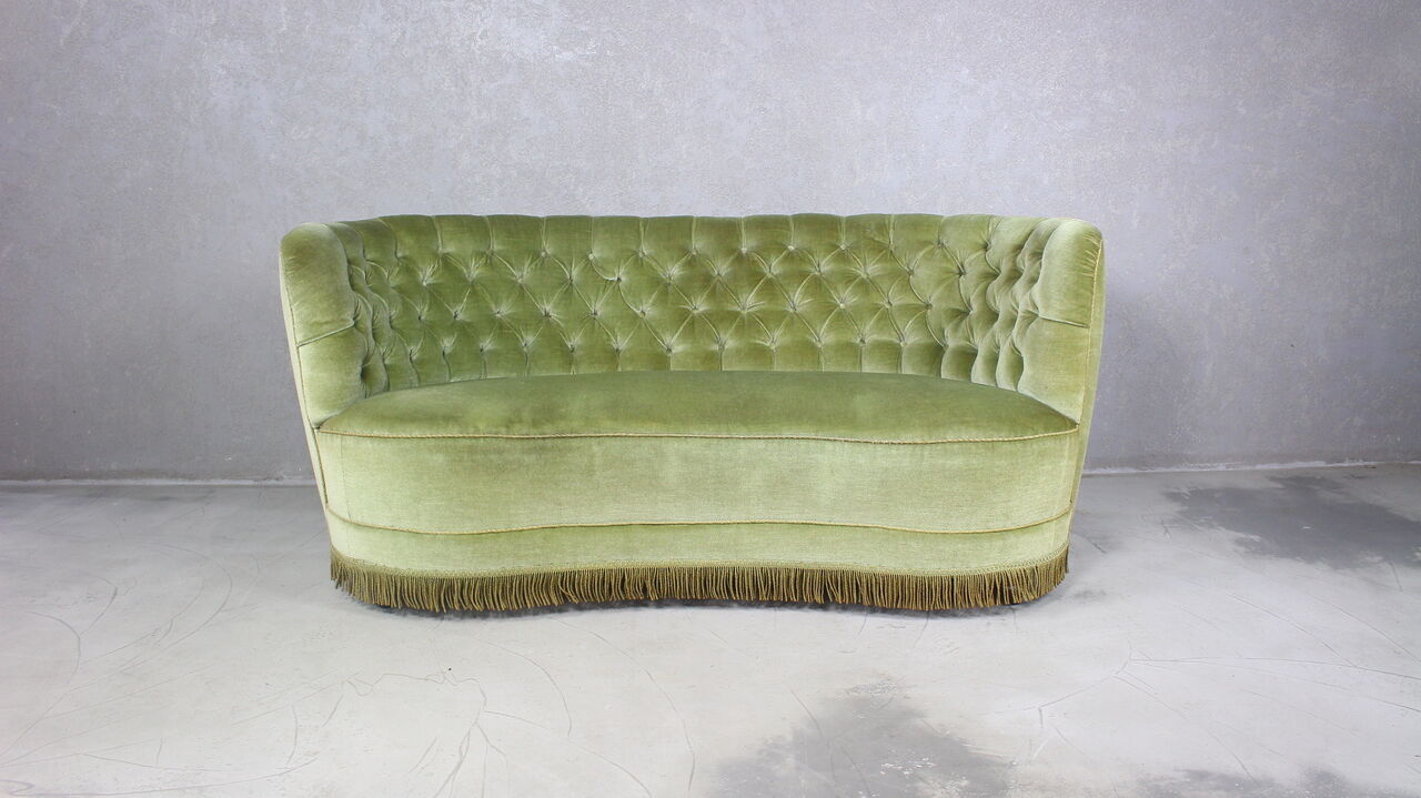 1940s Danish Curved Green Buttoned Sofa