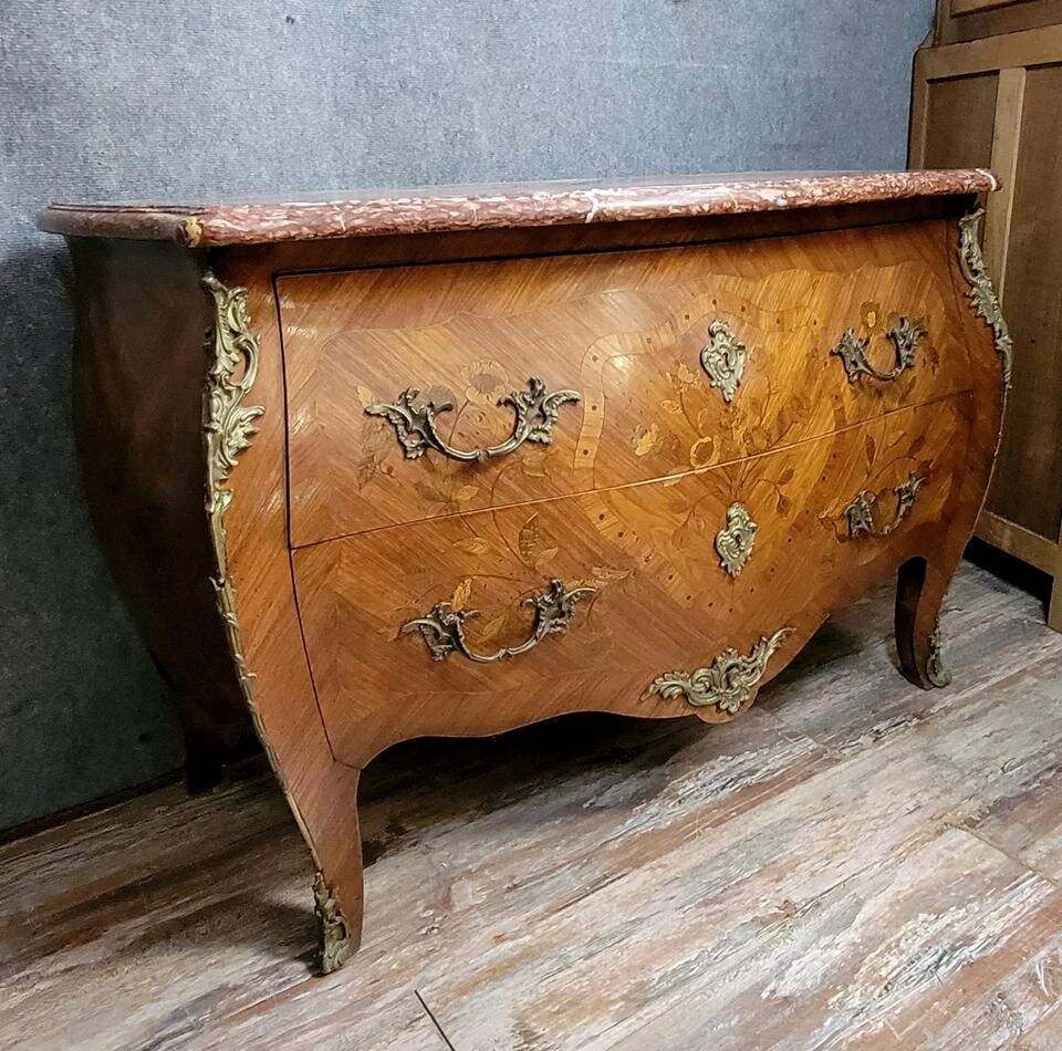 Louis XV style curved chest of drawers in marquetry circa 1880
