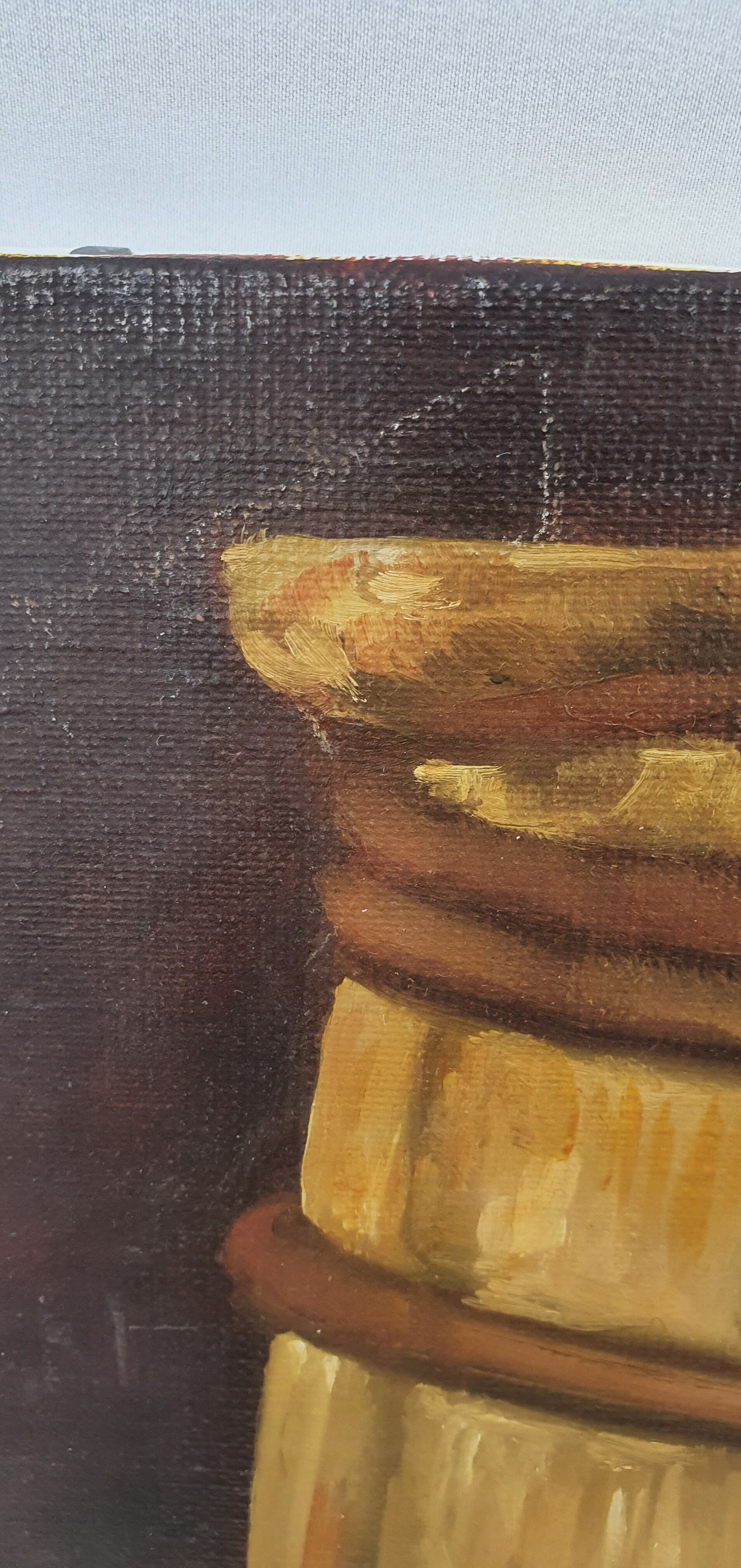 Oil on canvas still life not signed apples pitcher kitchen