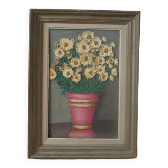 Tableau peinture ancienne huile sur toile bouquet de marguerites vintage