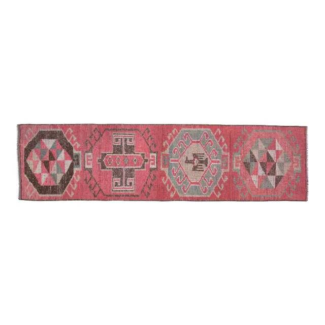 1970s Vintage Turkish Oushak Handmade Wool Cotton Pink Runner Rug 81x315
