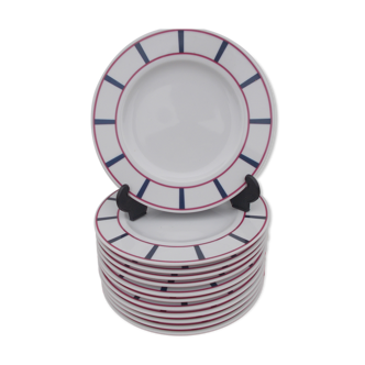 12 basque dessert plates in blue and red porcelain