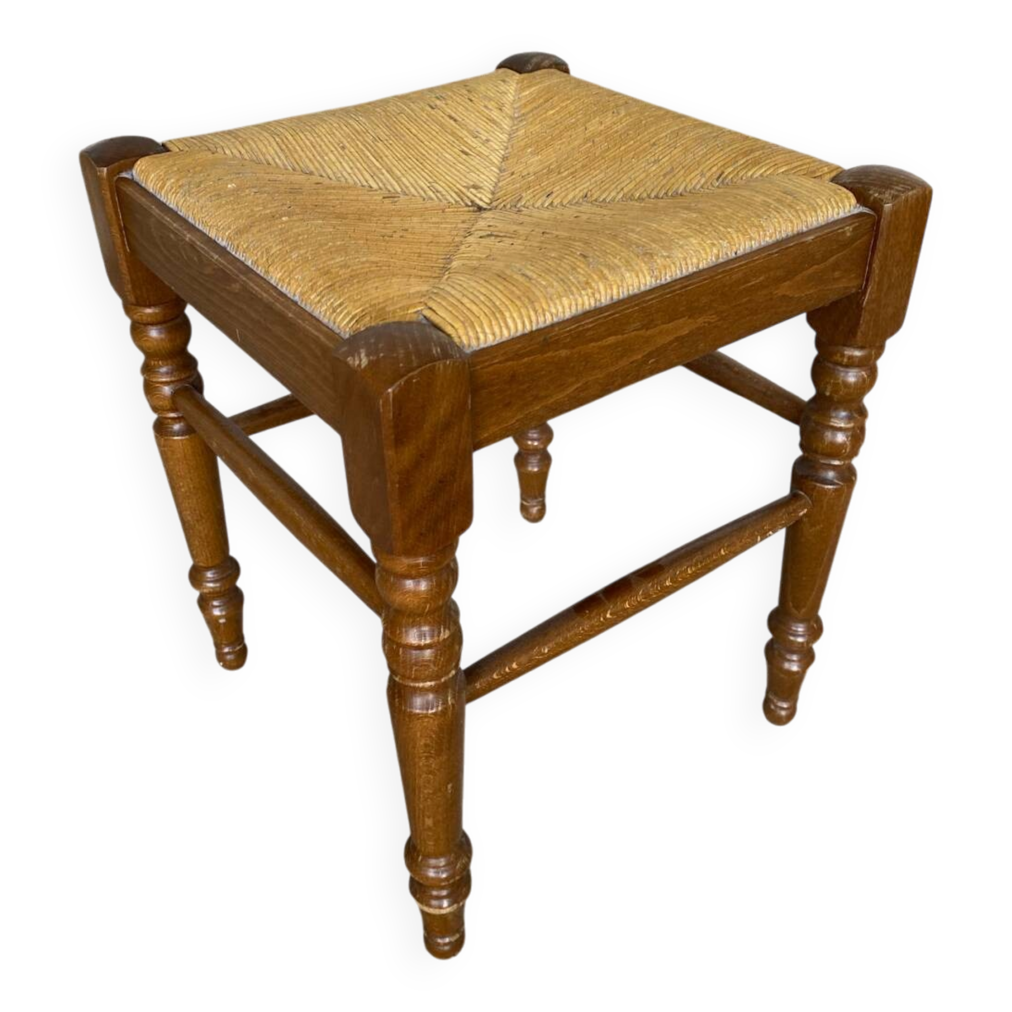 Vintage Turned Wood Stool + Woven Straw Seat #D893
