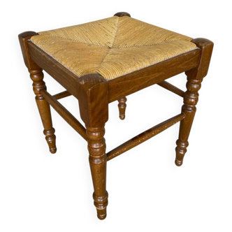 Vintage Turned Wood Stool + Woven Straw Seat #D893