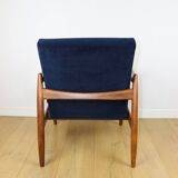 GFM-64 armchair, design by Edmund Homa from the 70s, navy blue - dark wood