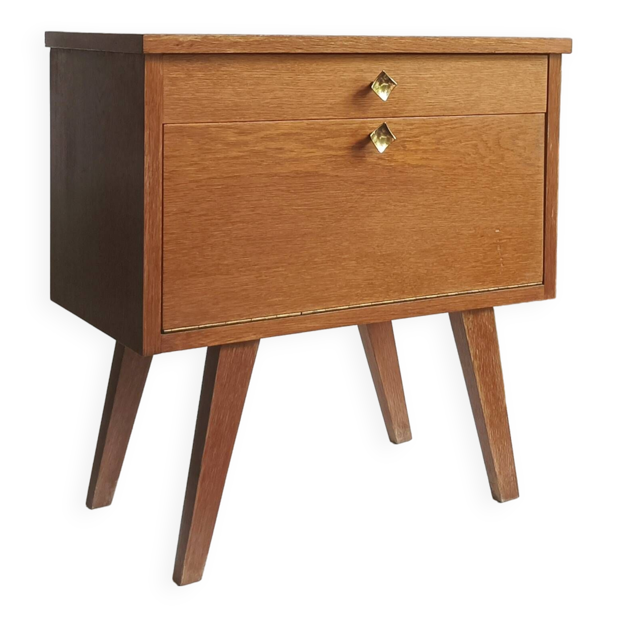 Wooden bedside table with vintage compass legs