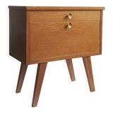 Wooden bedside table with vintage compass legs
