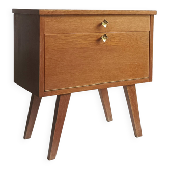 Wooden bedside table with vintage compass legs