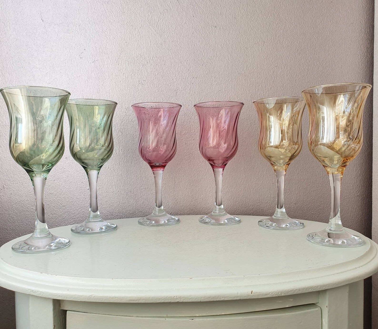 Set of 6 pastel colors 80s crystal wine glasses