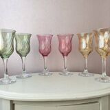 Set of 6 pastel colors 80s crystal wine glasses