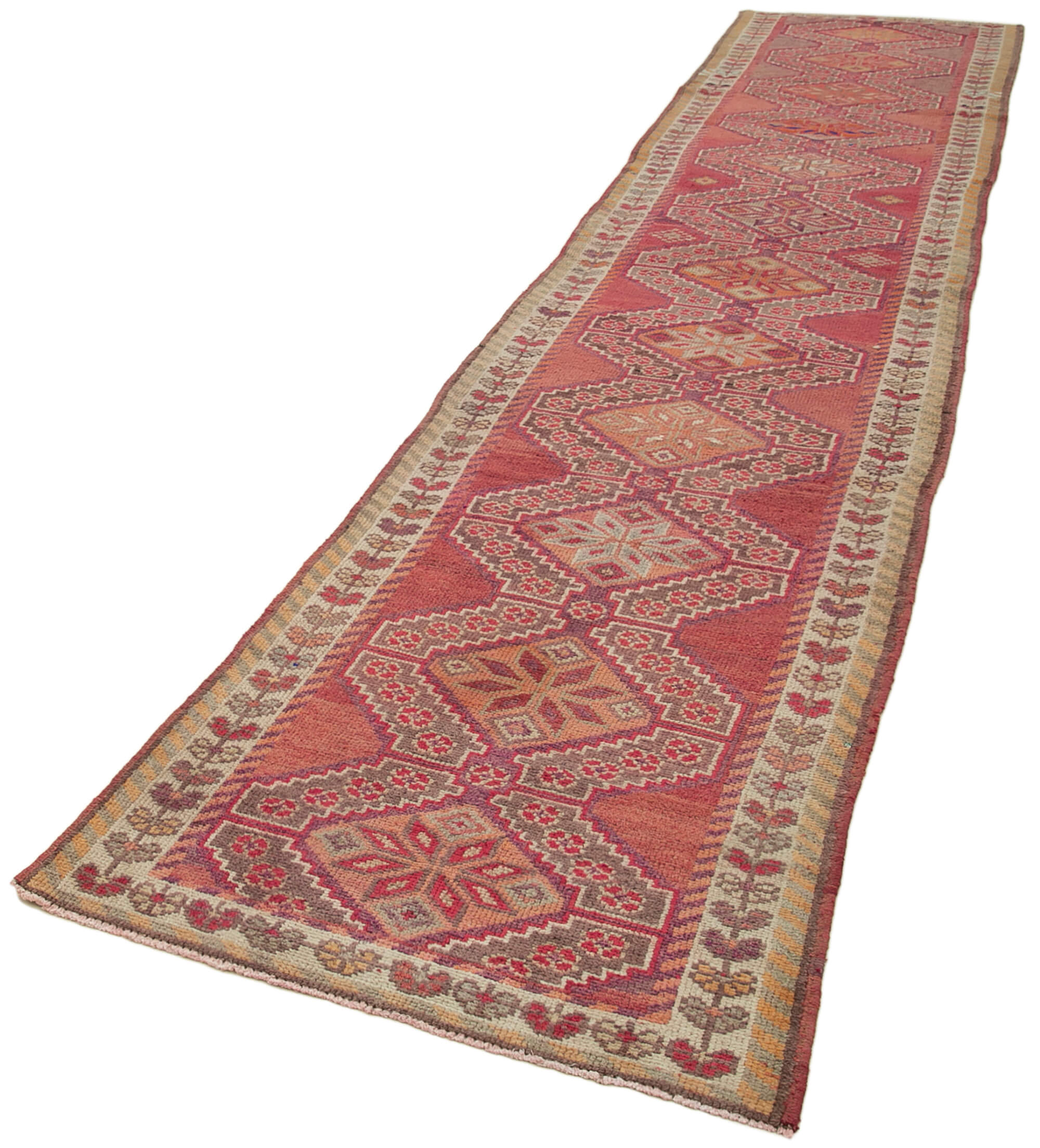 Hand-knotted rustic turkish red runner carpet 91 cm x 442 cm
