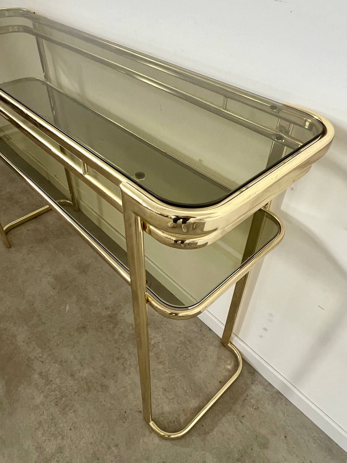 Ancienne console en laiton doré design italien Milo Baughman pour Morex Année 70 vintage