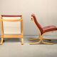 Pair Ingmar Relling Siesta Lounge Chairs in Beech and Burgundy Leather