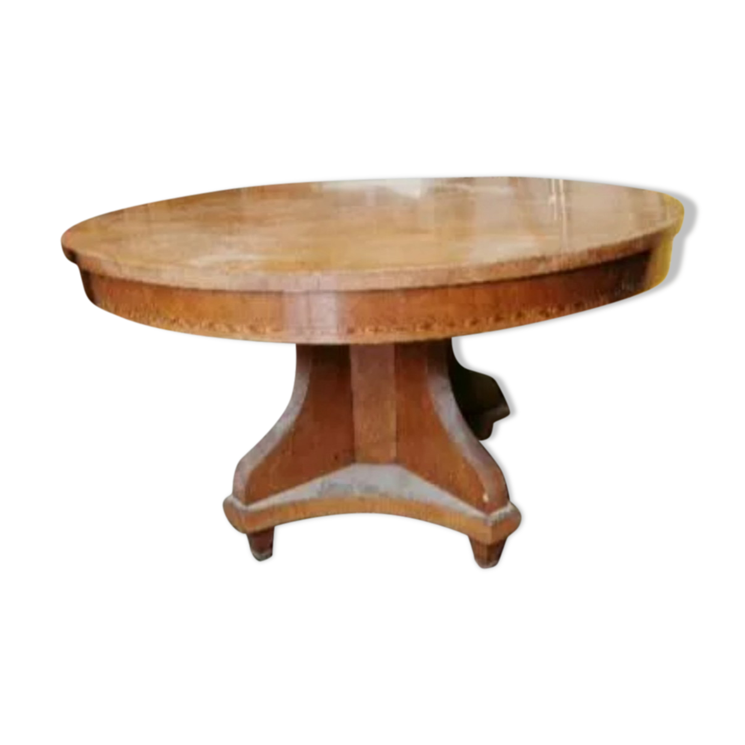Beautiful art deco round table with central cask, 1930/40 marquetry decoration