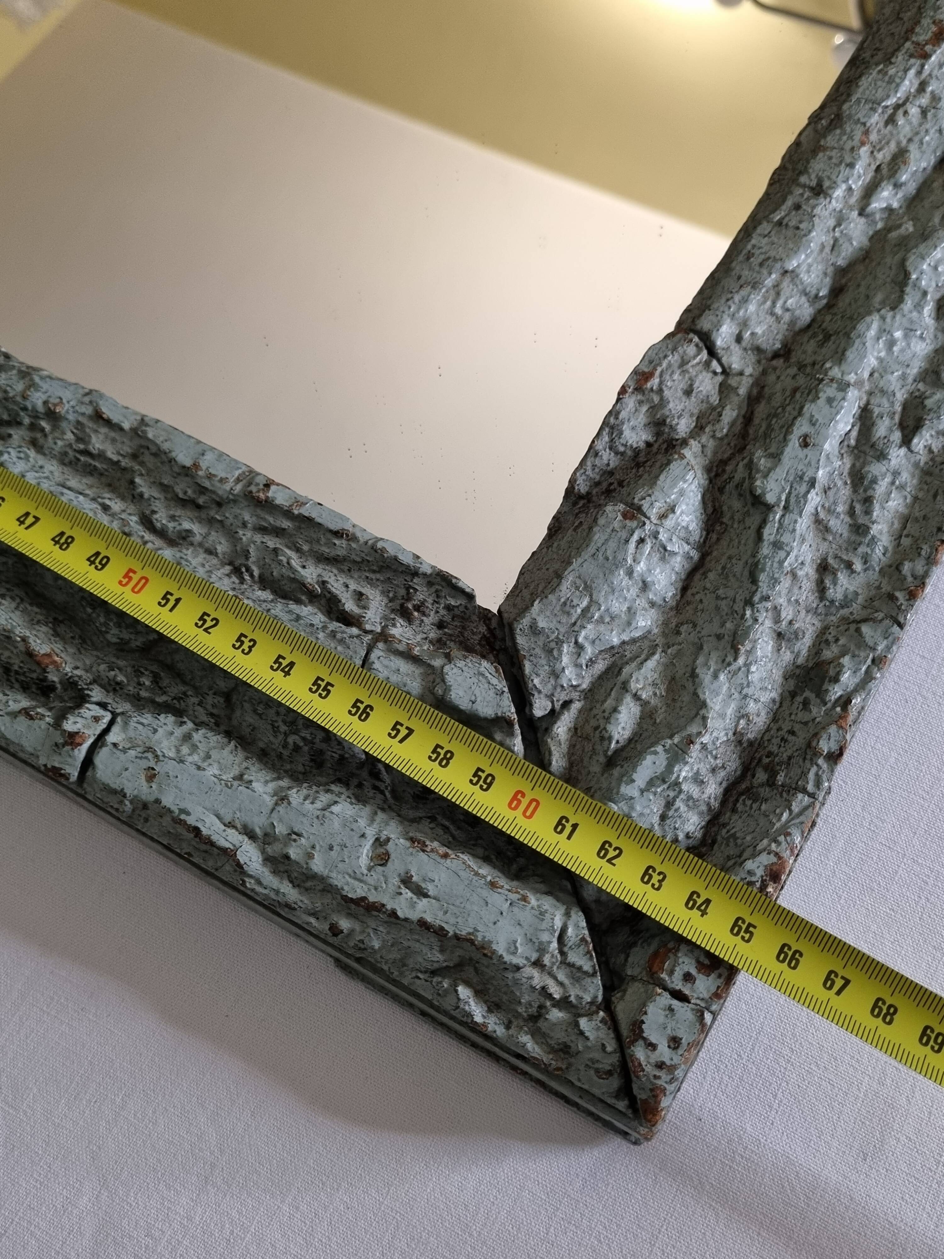 Old mirror, wooden bark frame with rustic patina, 65 cm by 50 cm