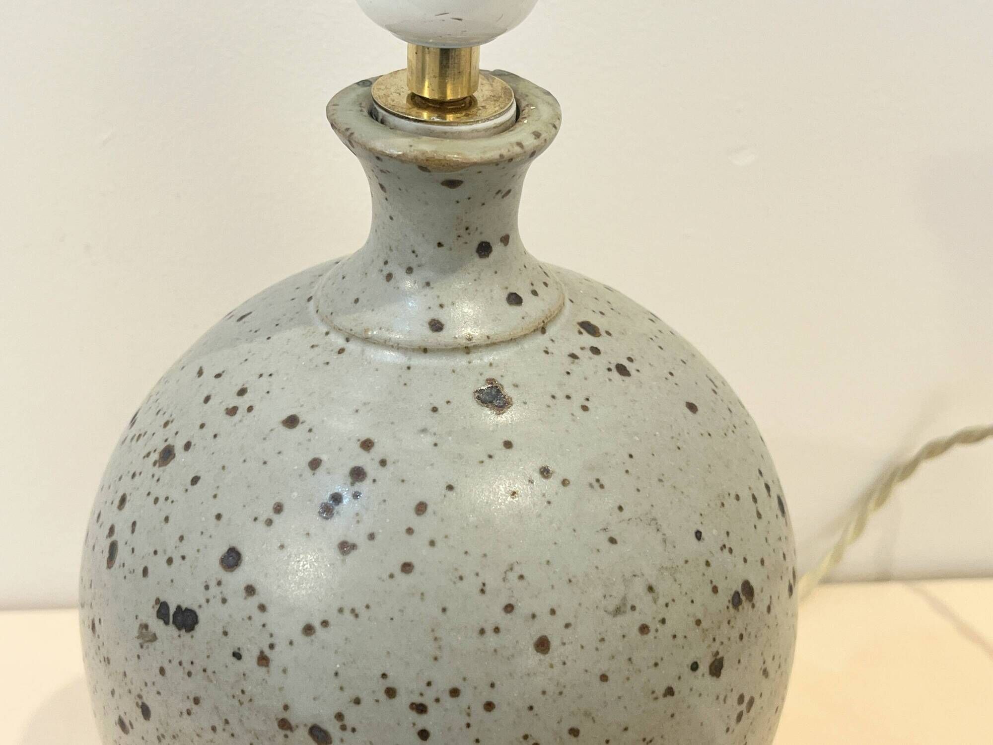 XXL Vintage Lamp Base in Beige Grey Stoneware with Raffia Lampshade 1970