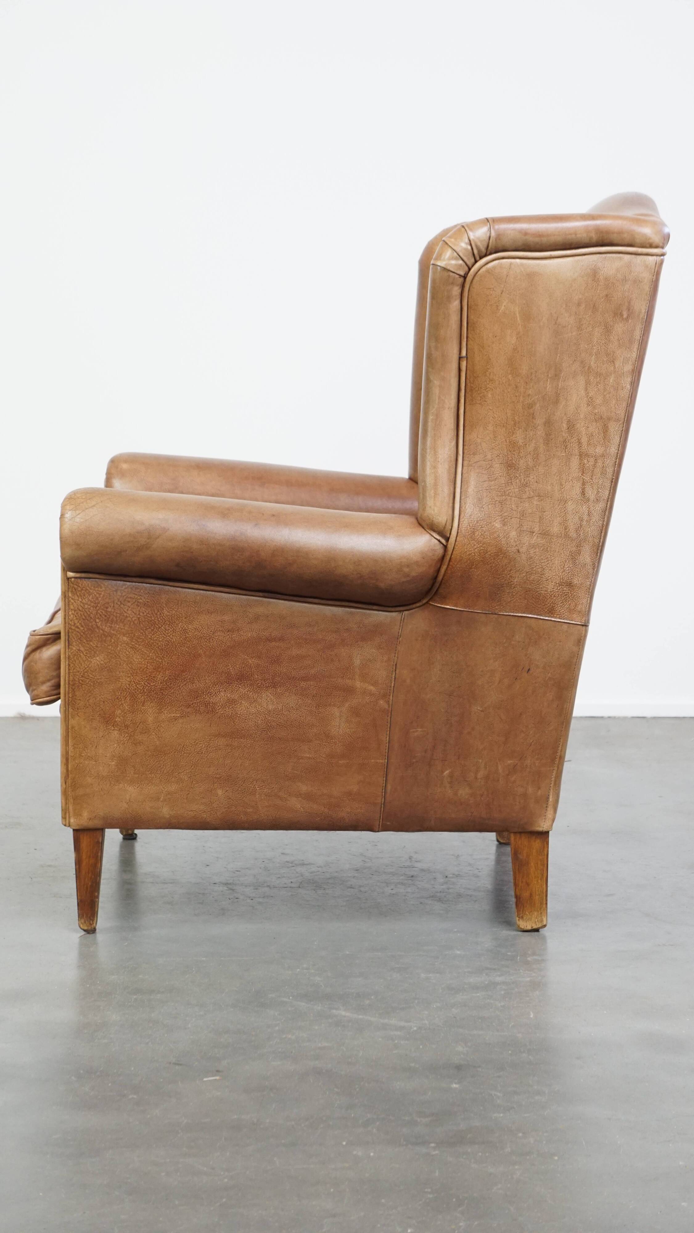 Cowhide Leather Wingback Chair in Light Cognac Color