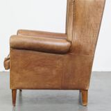 Cowhide Leather Wingback Chair in Light Cognac Color