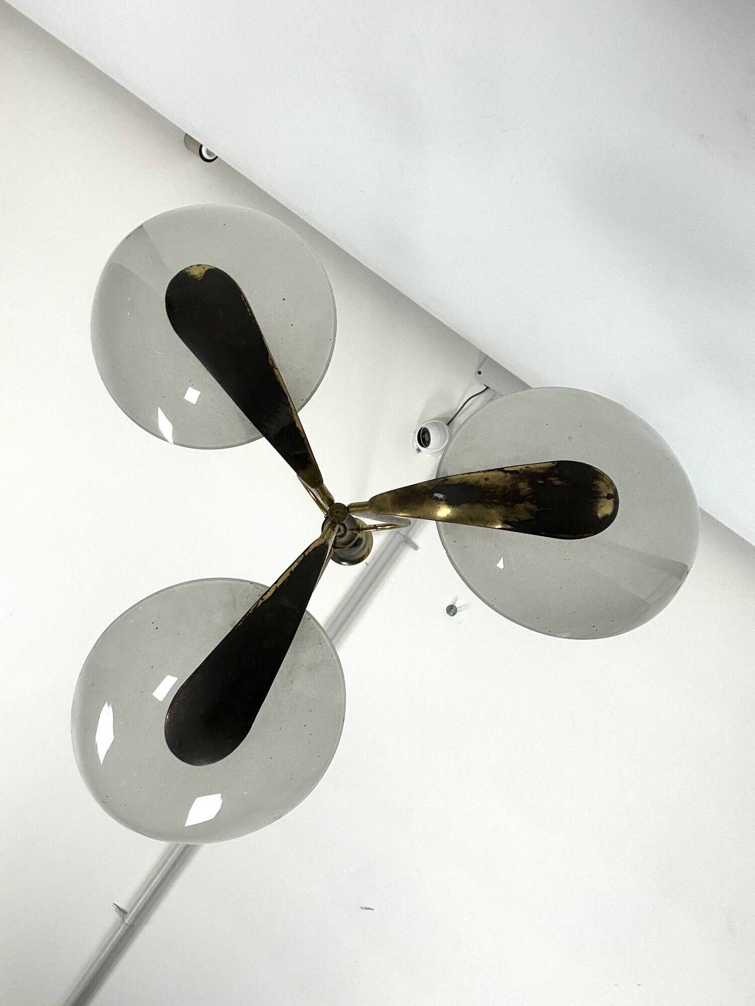 Vintage Italian brass and curved glass chandelier from 1950s