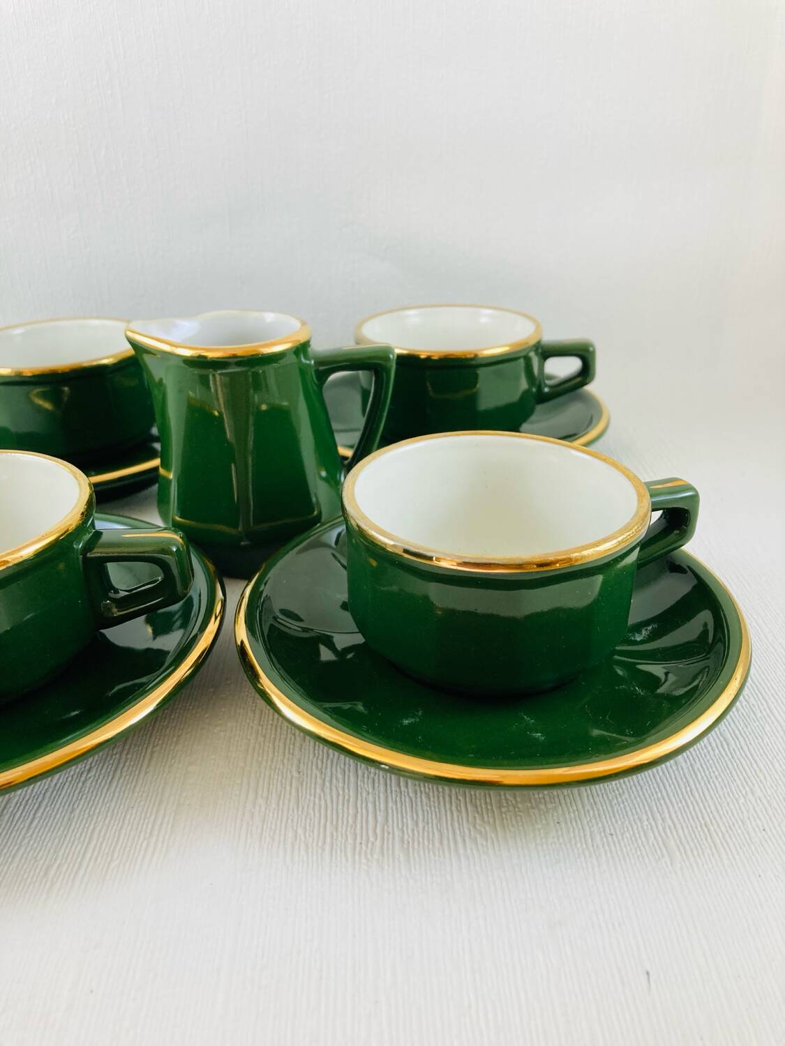 Bistro Coffee Service Cups Saucers and Green Faceted Milk Jug