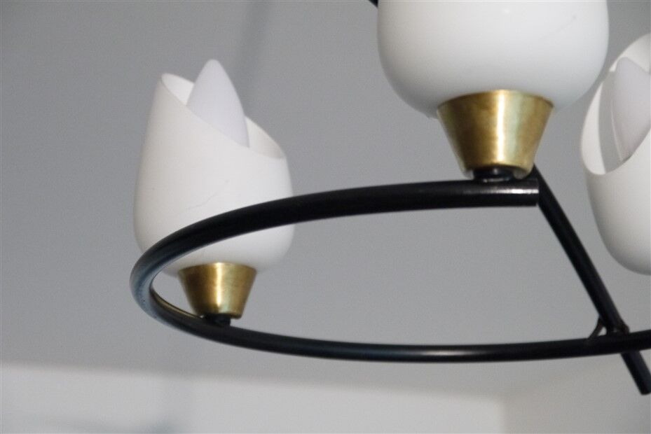 Vintage chandelier arlus in metal, opaline and brass 1950