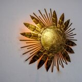 Brutalist sun floral wall lamp, gold leaf gilded metal, Italy, 1970