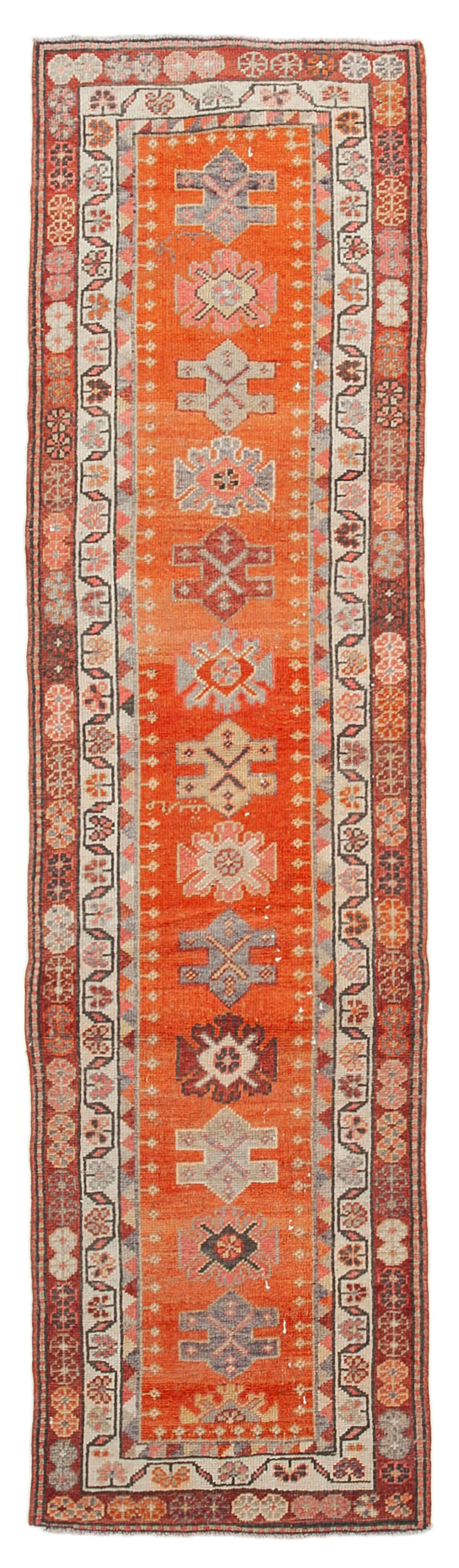 Hand-knotted distressed turkish red runner carpet 95 cm x 365 cm