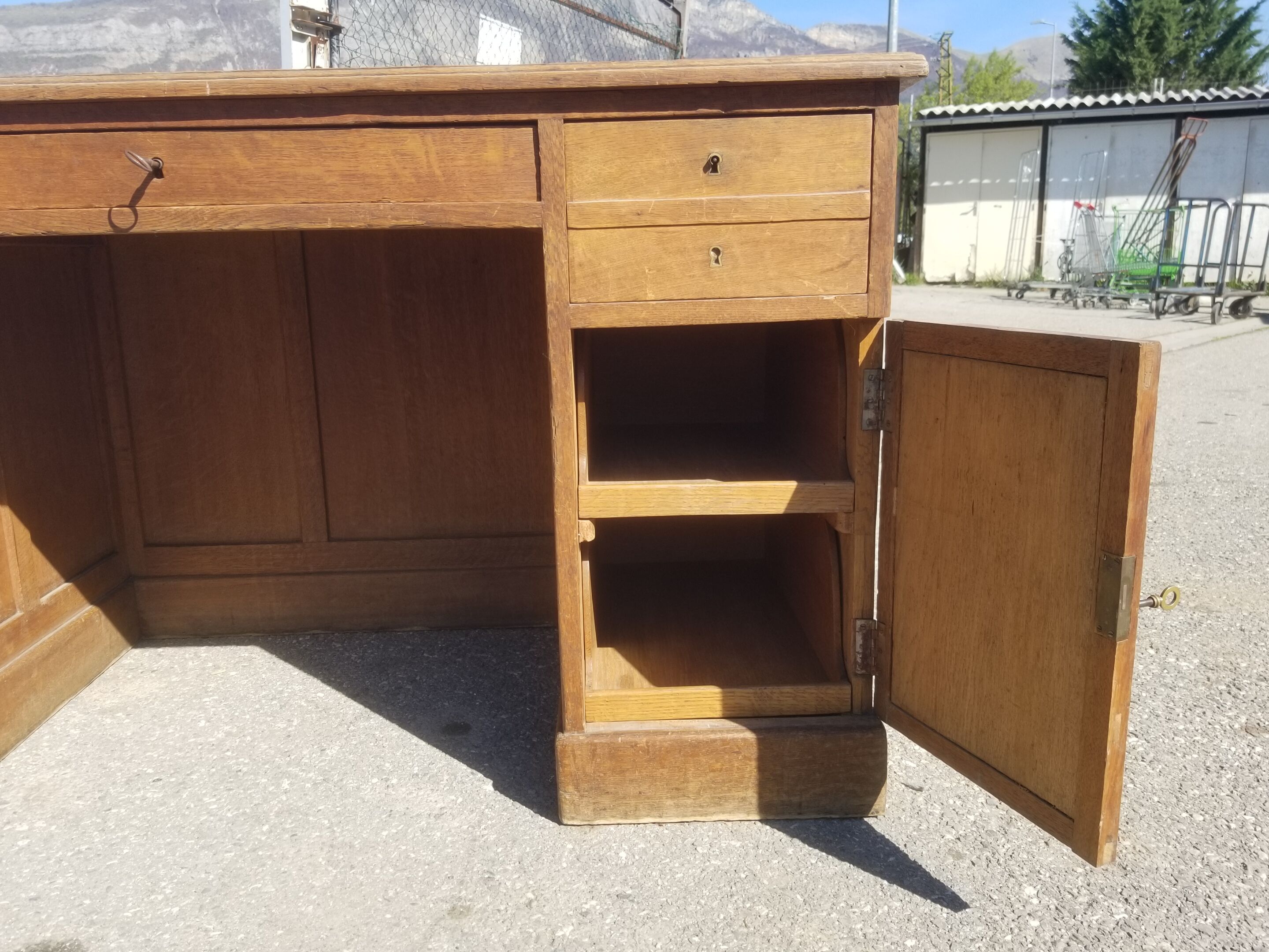 Old wooden administration office with sliding shelf