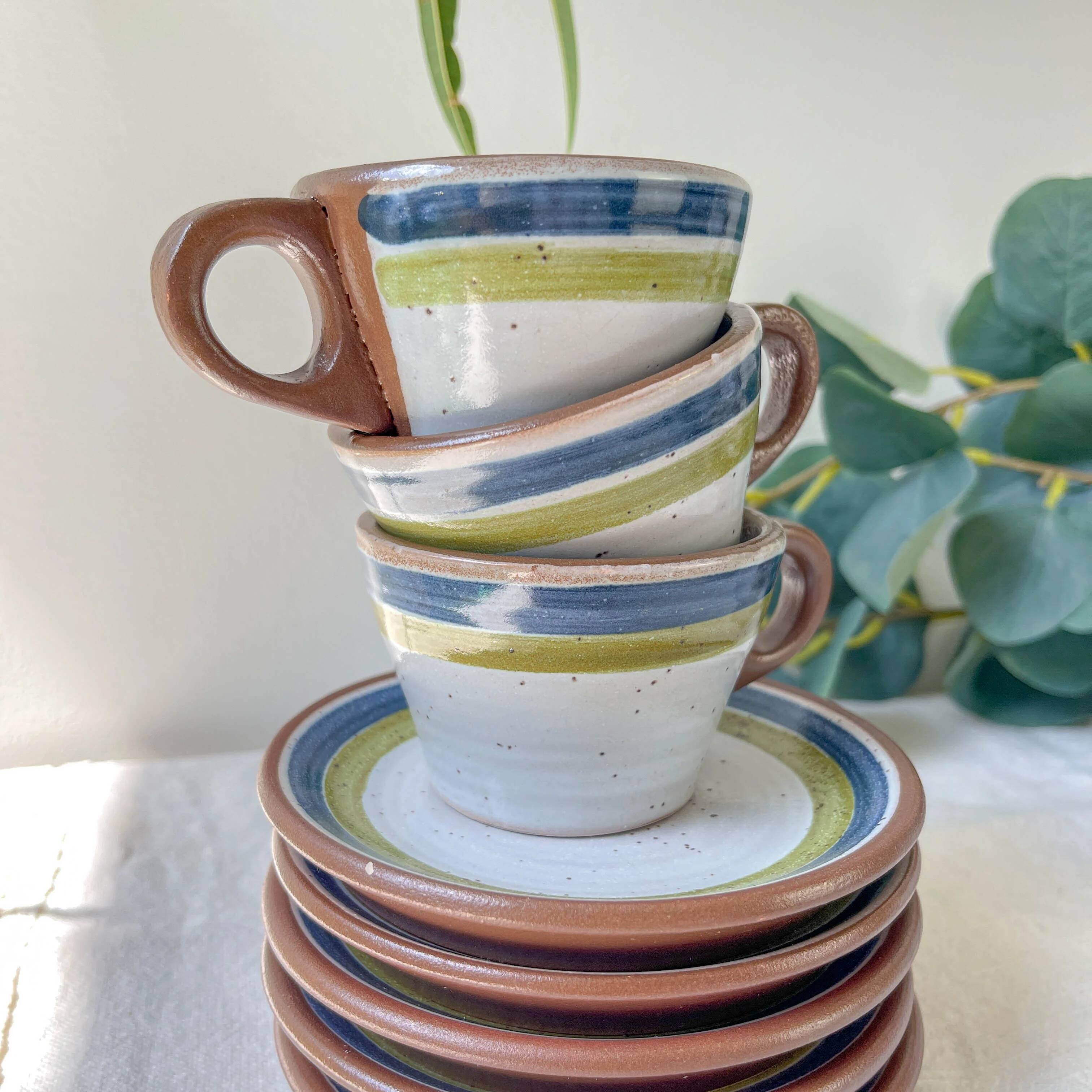 Vintage 1950s speckled stoneware coffee set with grey, green, and blue stripes