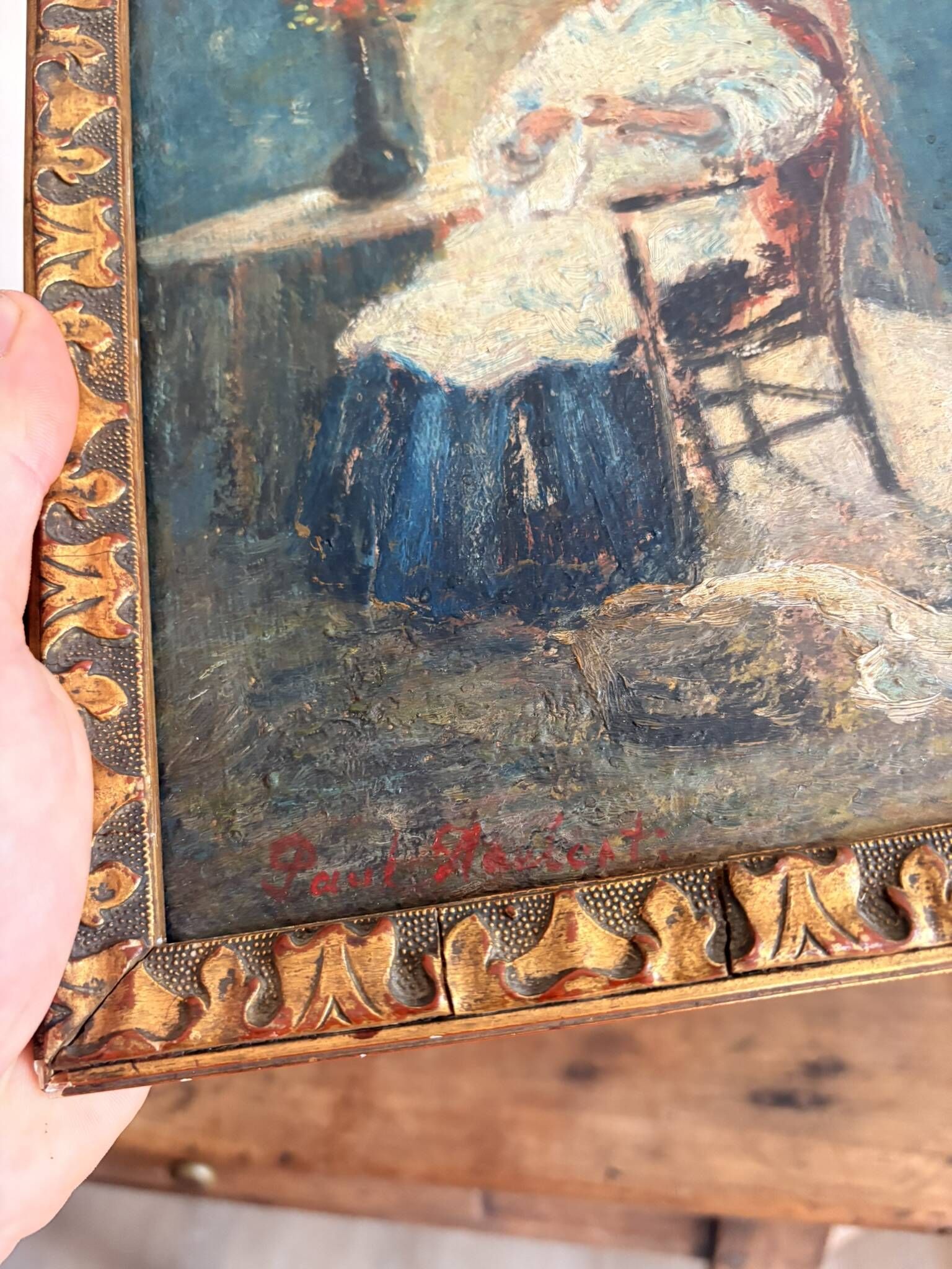 Oil Painting Tableau Paul Flaubert 1928-1994 Interior Scene Knitter