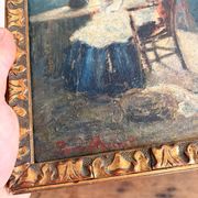 Oil Painting Tableau Paul Flaubert 1928-1994 Interior Scene Knitter