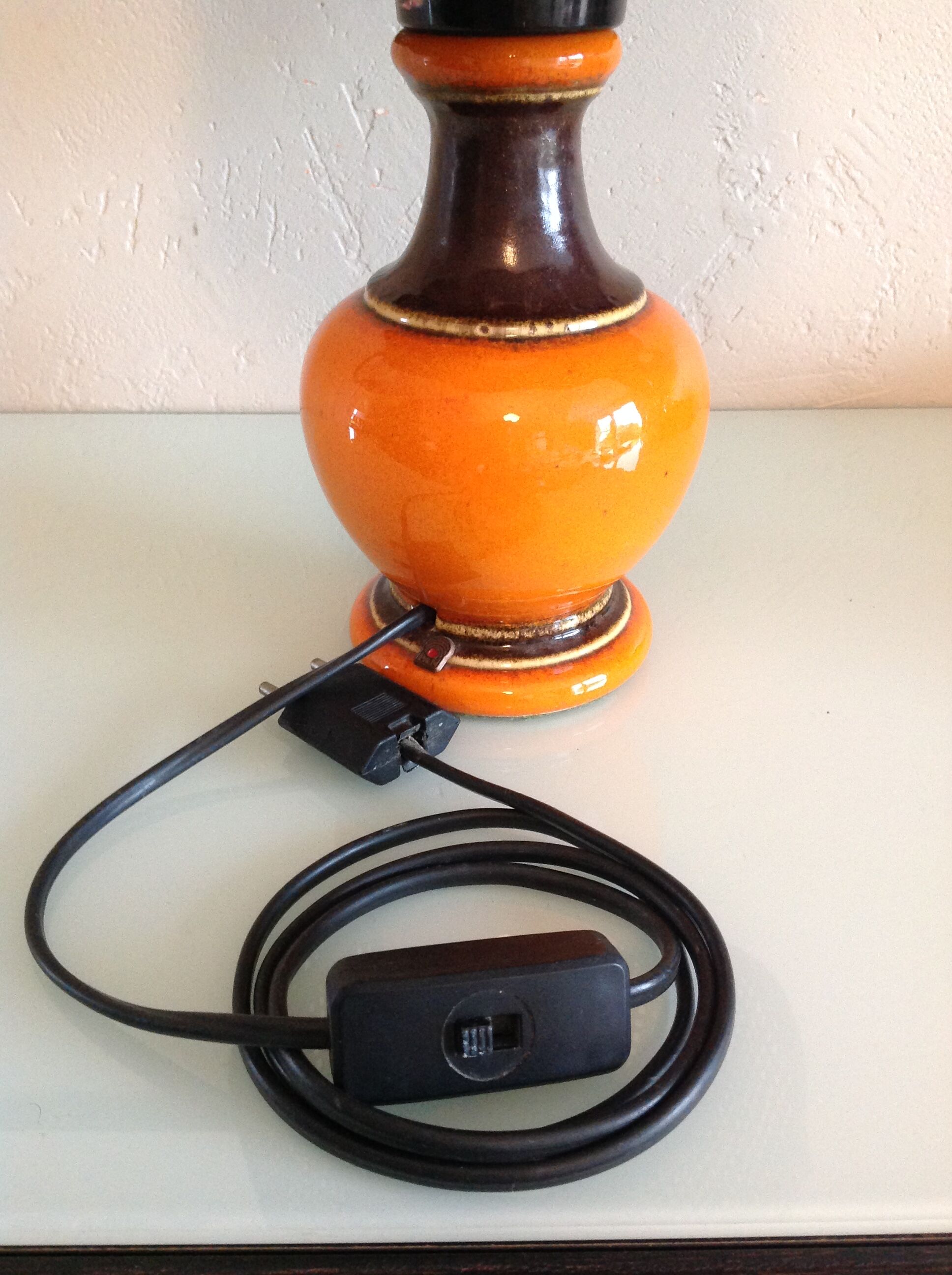 Orange ceramic lamp and brown canned lampshade by Pan Keramik / 60s-70s