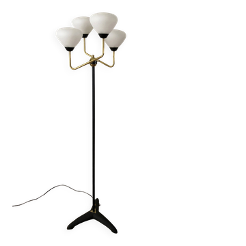 Modernist floor lamp with 4 lights in brass and opaline, Stilnovo style – Year 1960