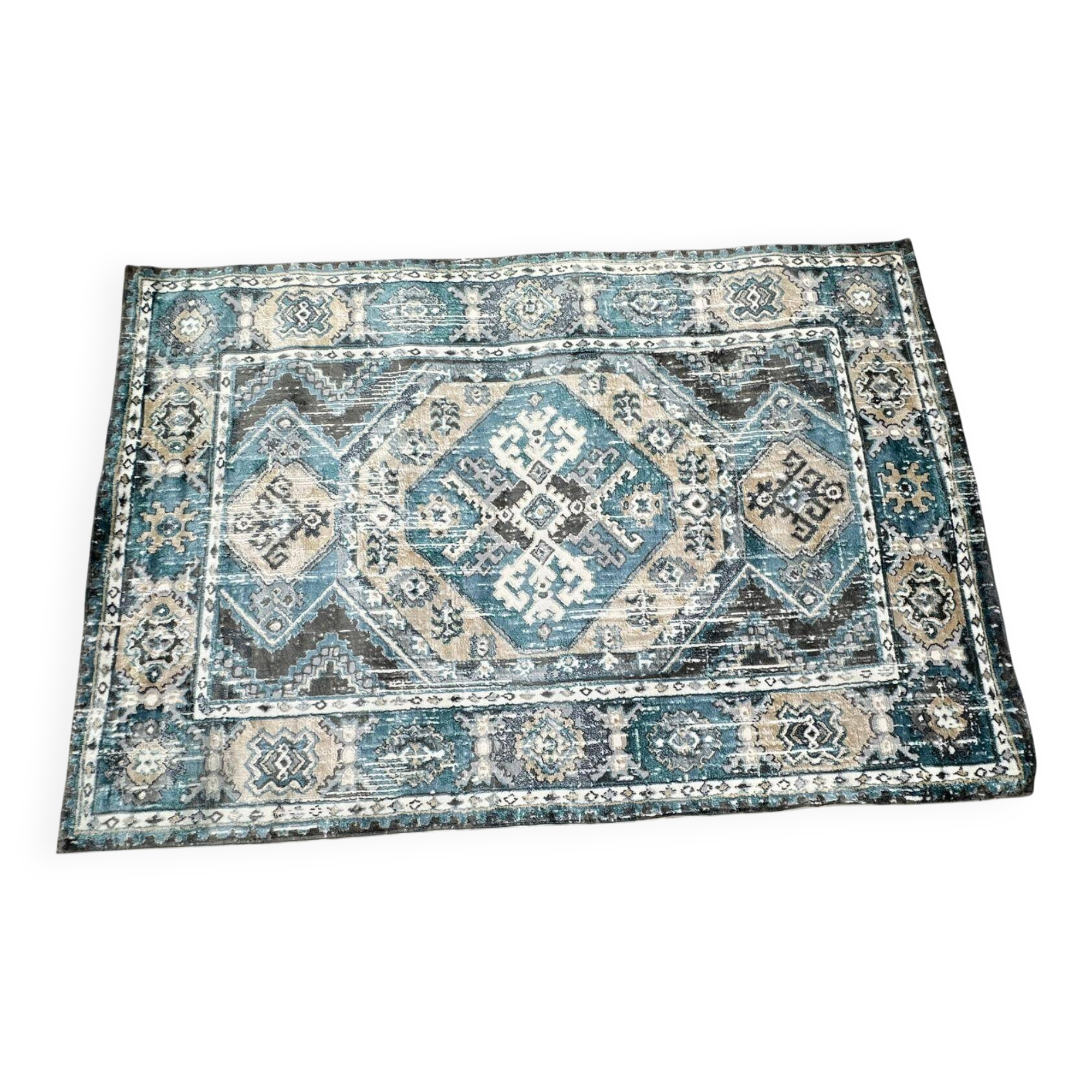 Bohemian Chic Rug in Petrol Blue and Beige with Abstract Patterns