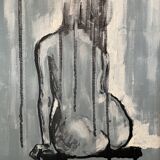 Tableau signé huile encre de chine sur toile portrait femme de dos