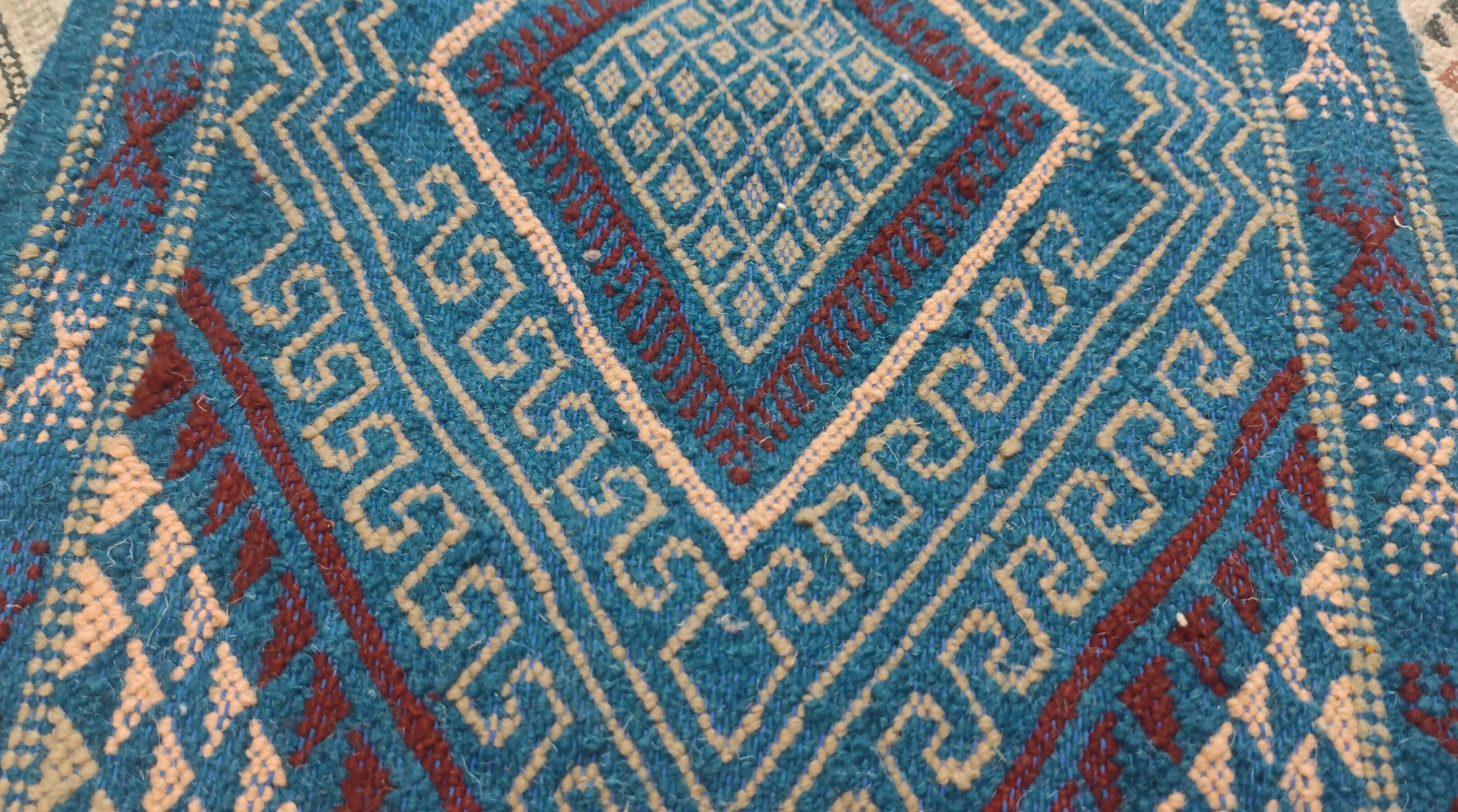 Handmade blue mergoum rug in natural wool