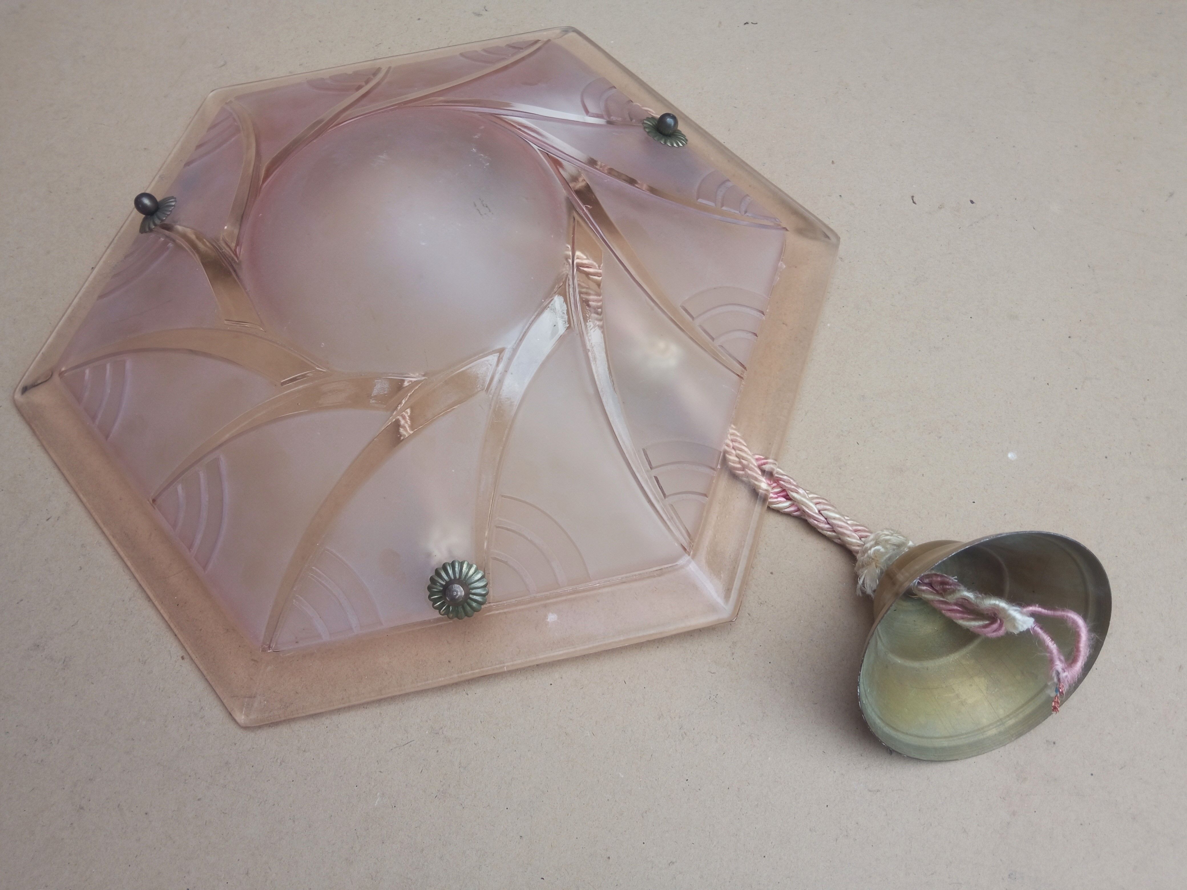 Art Deco ceiling lamp / chandelier in pink pressed molded glass in working order