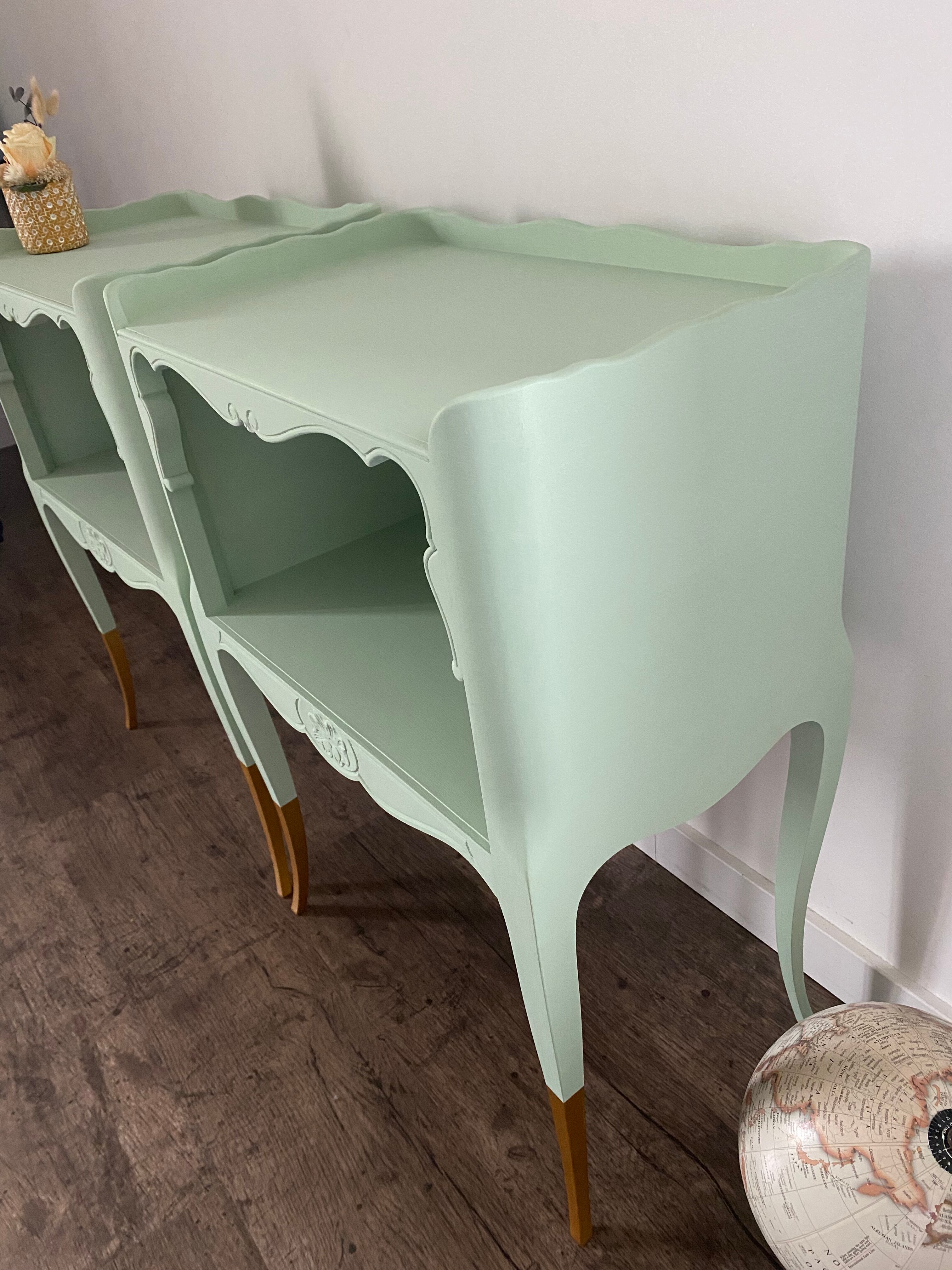 Pair of wooden bedside tables restyled green celadon