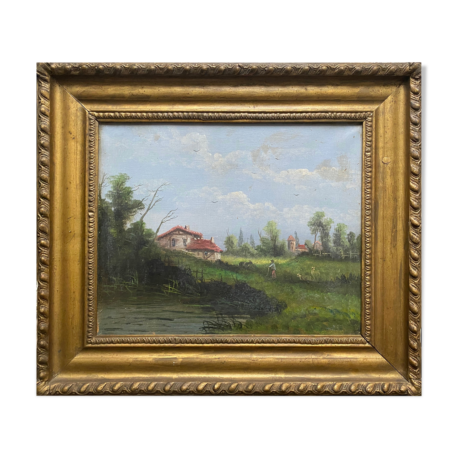 Hst painting "animated landscape at the pond and village" barbizon with nineteenth century frame