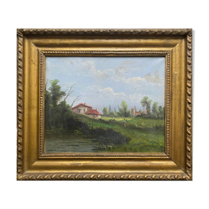 Tableau hst paysage animé à l'étang
