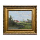 Hst painting "animated landscape at the pond and village" barbizon with nineteenth century frame