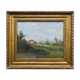 Hst painting "animated landscape at the pond and village" barbizon with nineteenth century frame