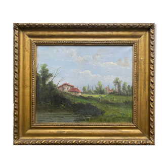 Hst painting "animated landscape at the pond and village" barbizon with nineteenth century frame