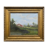 Hst painting "animated landscape at the pond and village" barbizon with nineteenth century frame
