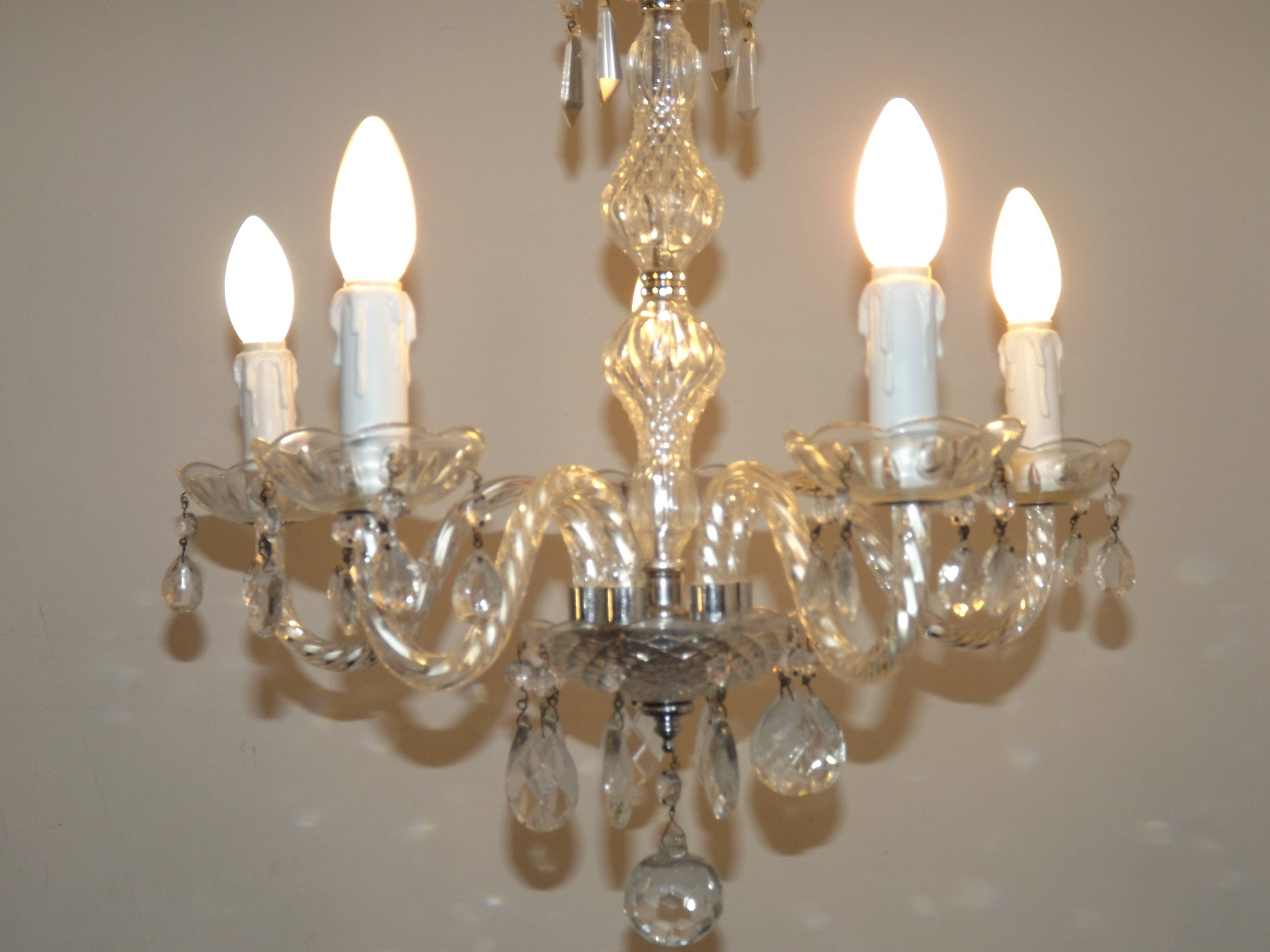 French Vintage  5 Light Barley Twist Glass and Crystal Chandelier
