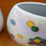 Pair of flat iridescent ceramic vase with girl motif with polychrome balloons, art deco vase, decoration