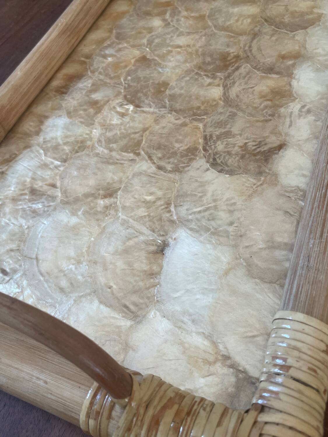 Vintage mother-of-pearl and rattan tray