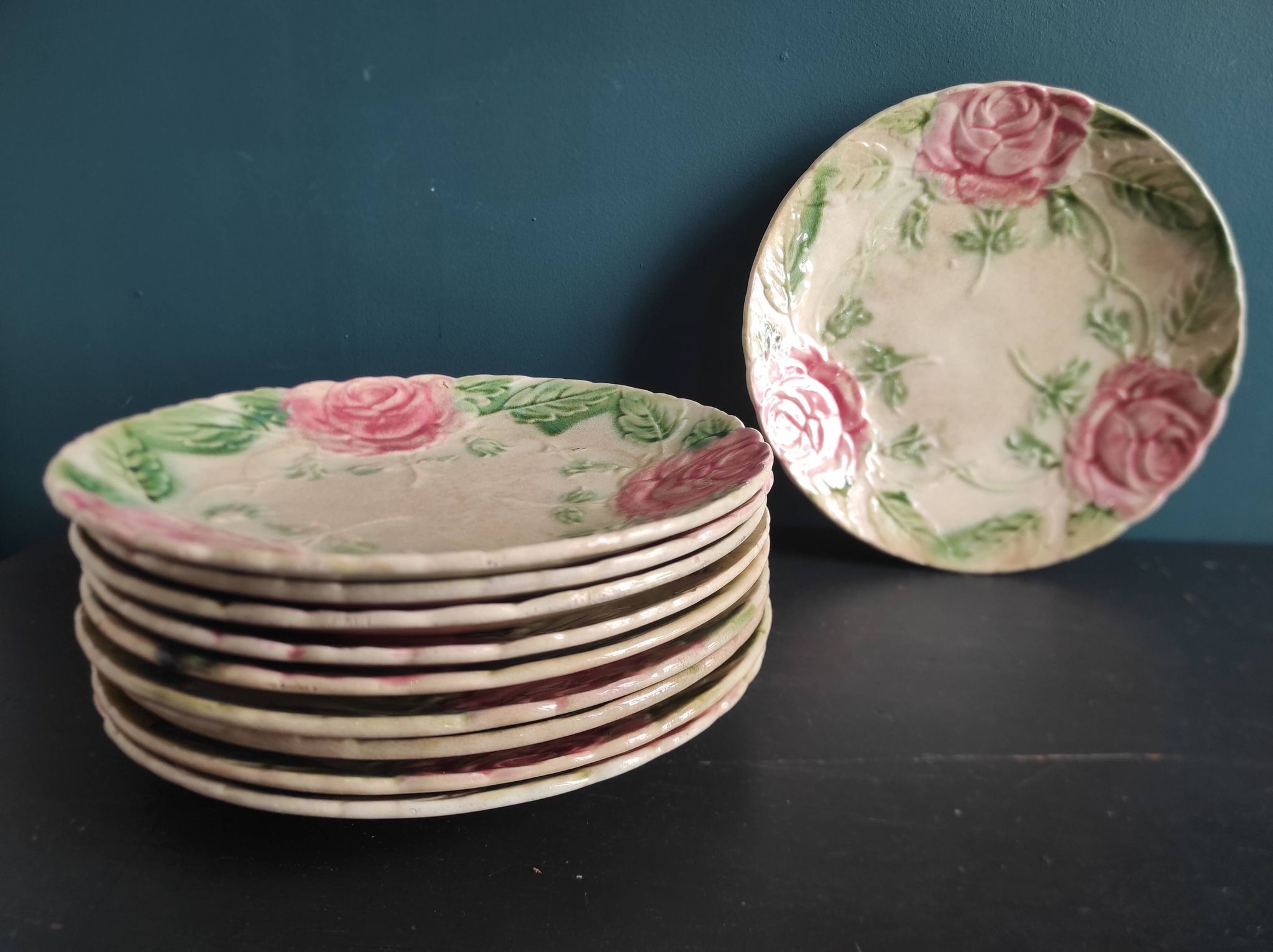 French antique plate decorated with roses in barbotine